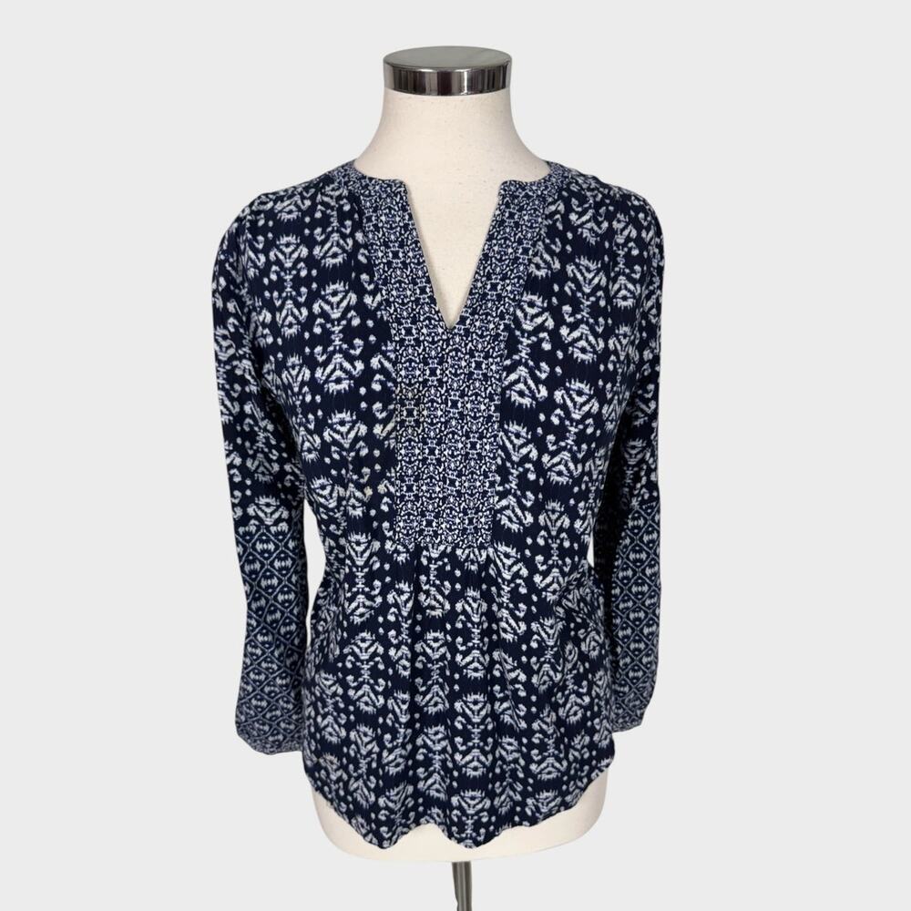 Ann Taylor LOFT Womens Small Dark Blue Print Blouse 100% Rayon